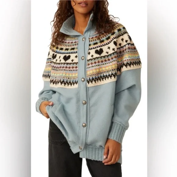 Free People - Emily Sweatshirt Fair Isle Heart Oversized Fleece Jacket - Sz. XS - Picture 2 of 6
